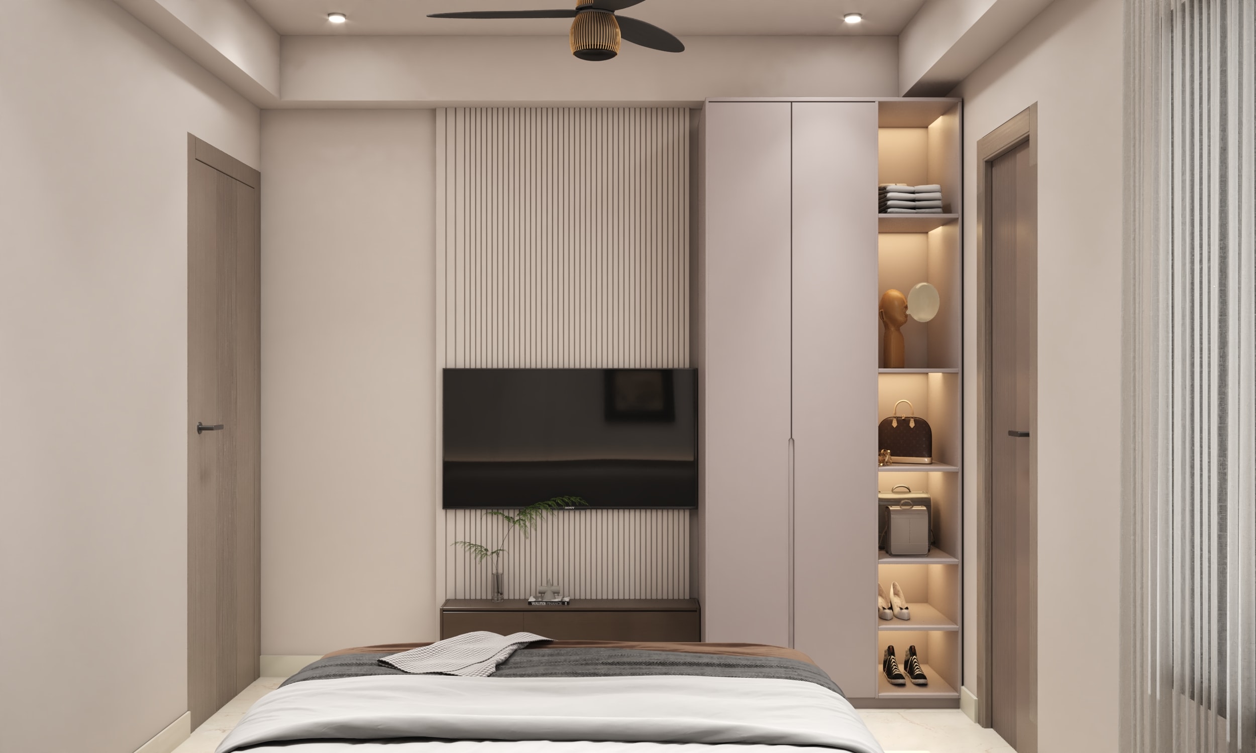 Hermitage 3BHK — bedroom with open wardrobe